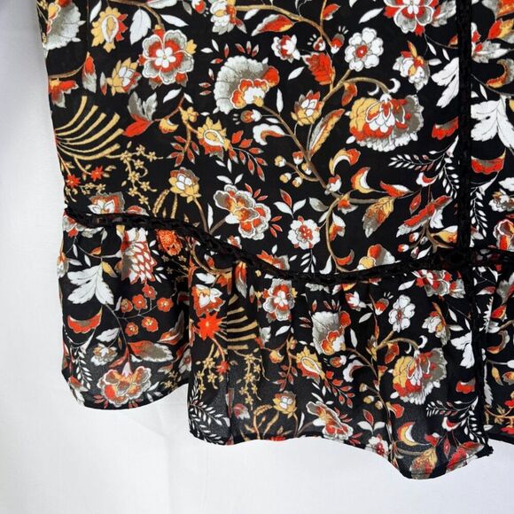 ANA Bold Black Maximal Floral Tie Neck Long Sleeve Peasant Boho Blouse Size PL - Picture 8 of 11